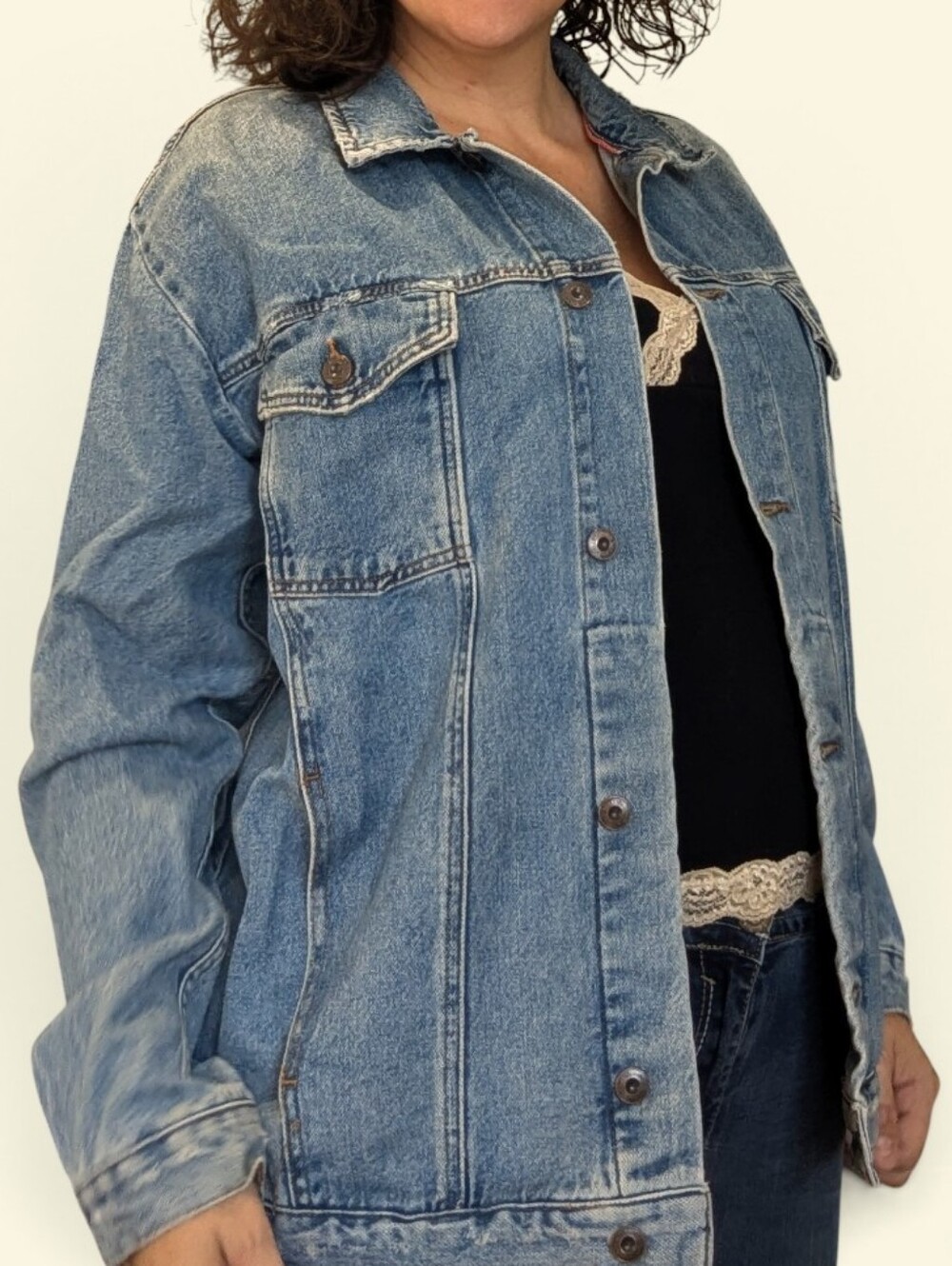 Free People Light Blue distress Denim Trucker Jacket, Ptp 23 1/2", large fit xL